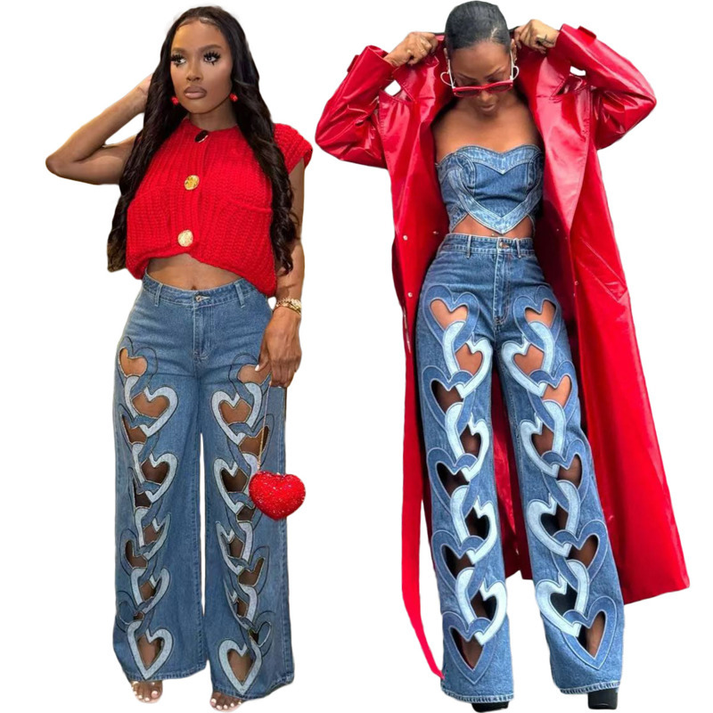 Womens Jeans 2025 New Fashion Elastic And Personalized Denim Pants With Hollowed Out Embroidery And Heart-shaped Straight Leg Pants