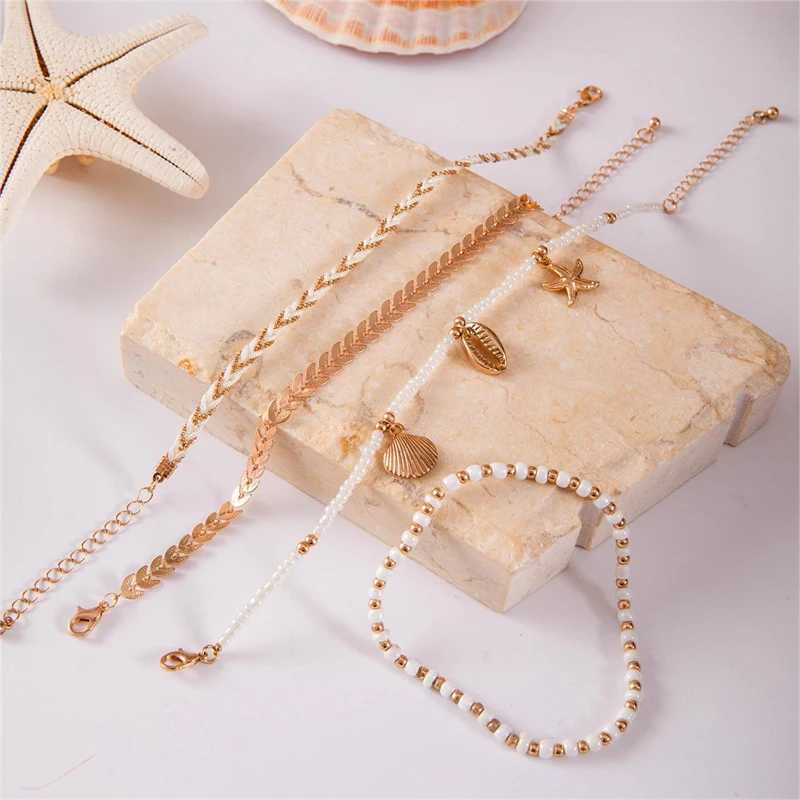 4pc/set Bohemian Rice Beads Starfish Shell Pendant Anklet for Women Trendy Summer Beach Multilayer Anklet Foot Sandals Jewelry W250604