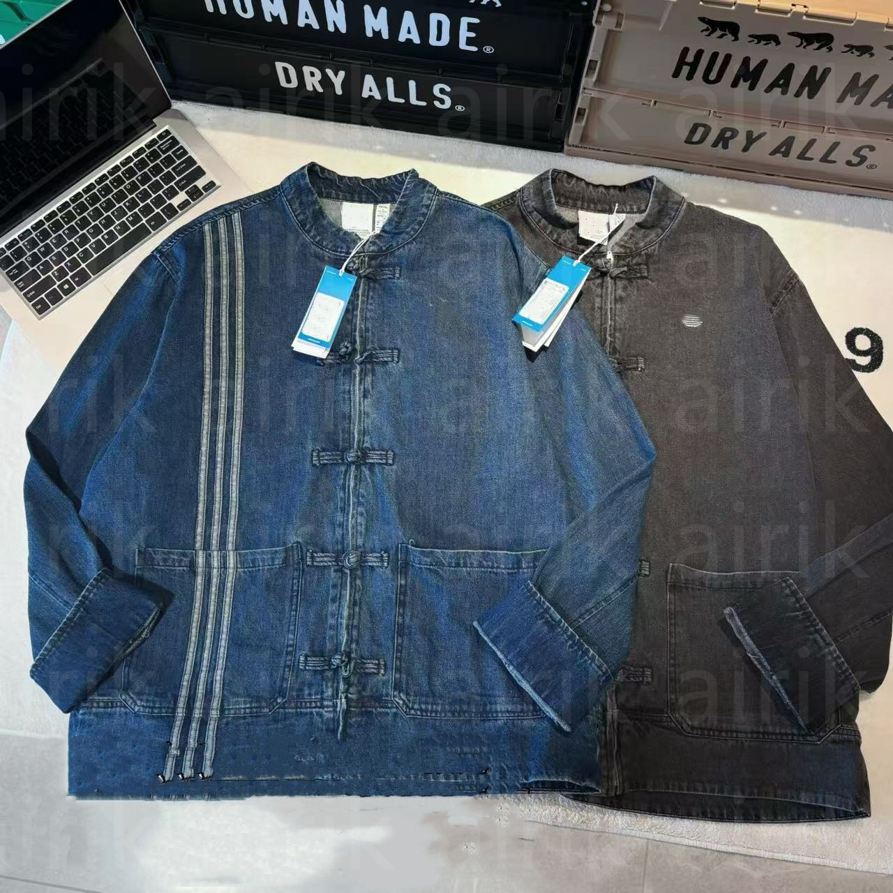 Chinese style buckle Spring Autumn Retro Blue VINTAGE DENIM Plaid New Chinese style street style Denim Jackets Stripe stitching Wash Cotton Jeans Streetwear Loose