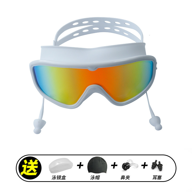 Large Frame Swim HD Waterproof Anti-Fog Unisex Swimming Glasses with Integrated Earplugs Silicone Colorful Diving Goggles