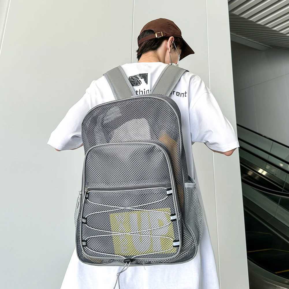 Unisex Gym Bag Multifunctional High Capacity Backpack Wear-resistant Semi-Transparent Bookbag Solid Color Mesh Sport Fitness Bag W250603
