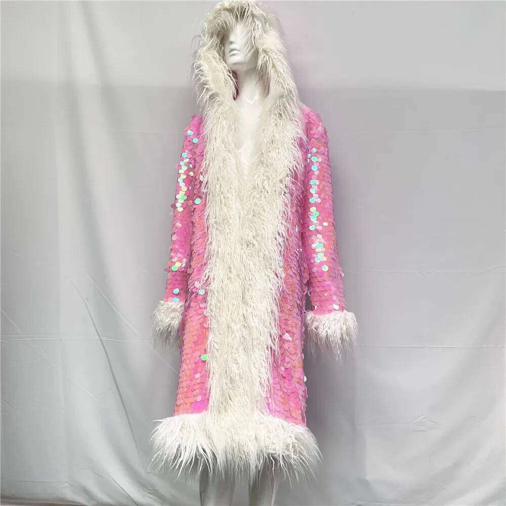 Fashion Sequin Faux Fur Hooded Long Cloak Overcoat Stage Party Performance Clothes Women Singer Bar Concert Drag Queen Costume