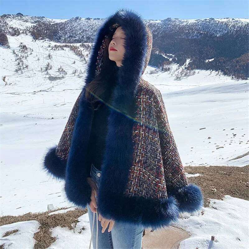 2025 Winter Thick Tweed Jacket Women Big Collar Hooded Shawl Cloak Fur Coat Female Loose Casual Woolen Ponchos And Capes