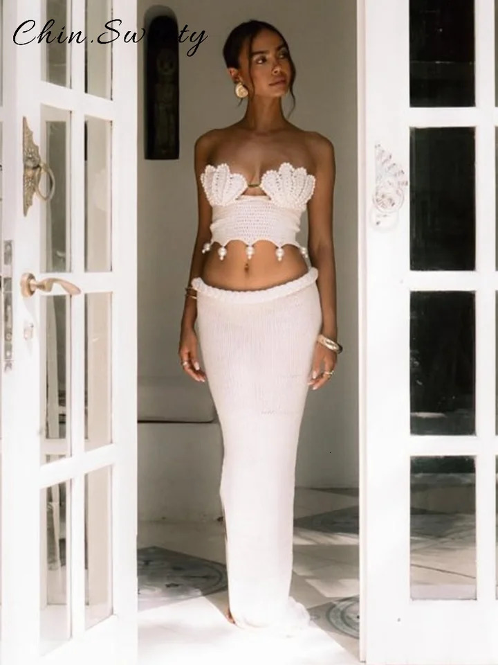 Sexy Crochet Hollow Out Pearl Skirt Set Women Solid Crop Bikini Tops Slim Hip Package Skirts 2025 Summer Lady Beach Outfits 250529