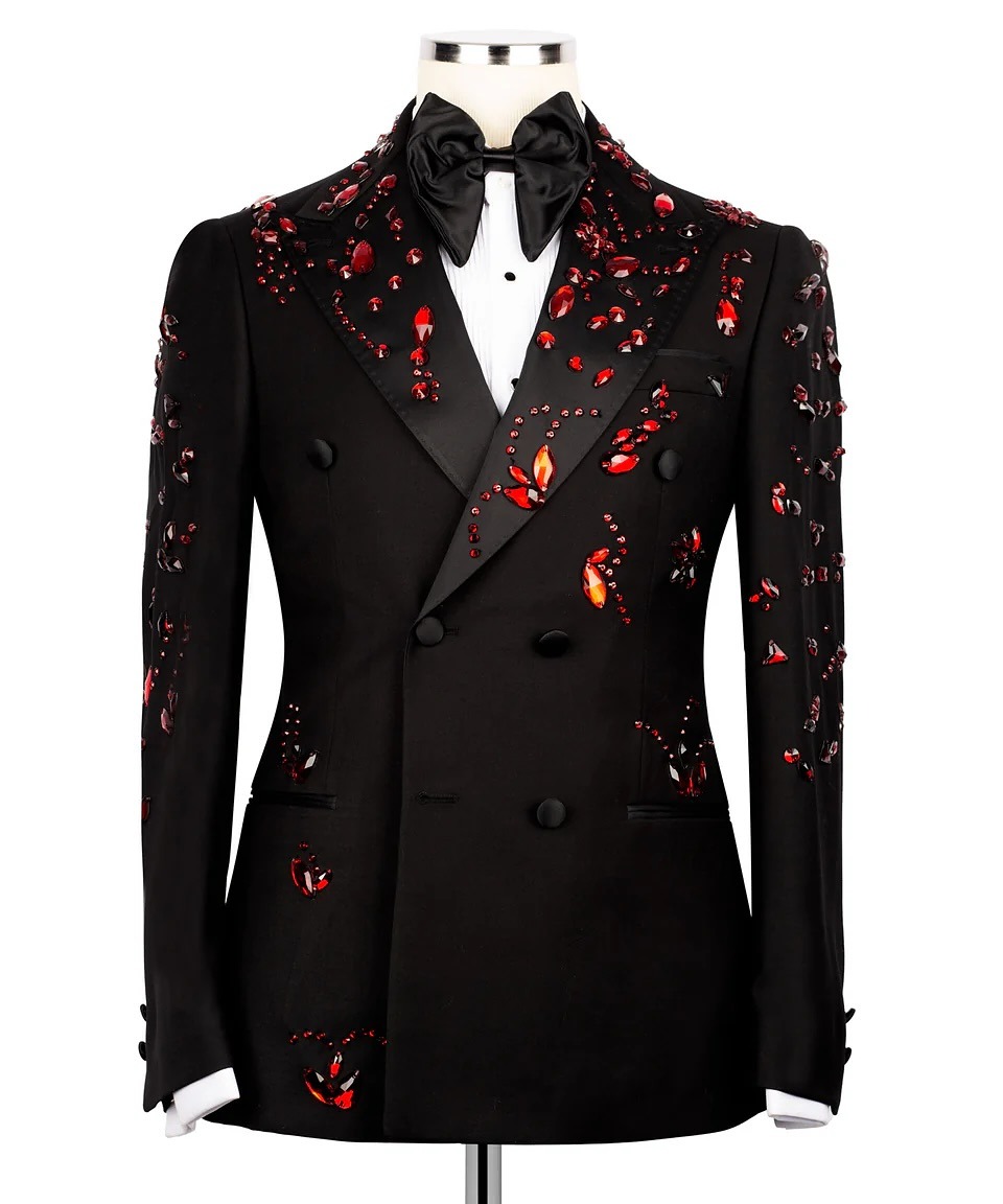 Luxury Man Suits Fit Slim Crystals Beaded Peaked Lapel 2 Pieces Set Party Prom Blazer Rhinestone Customized Evening Party Double Breasted Jacket Pants