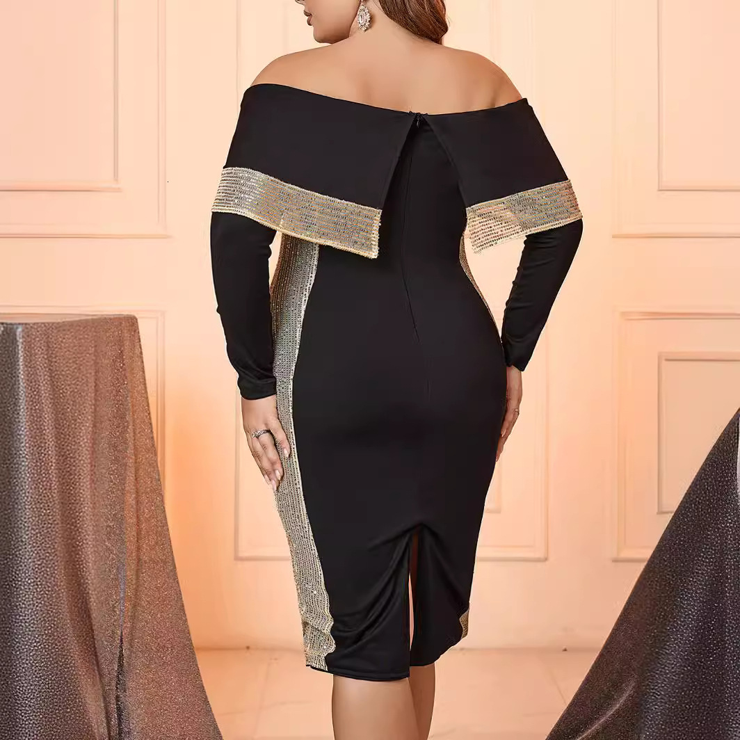 New womens spring and summer one shoulder long sleeved sequined slim fit sexy plus size slim fit dress