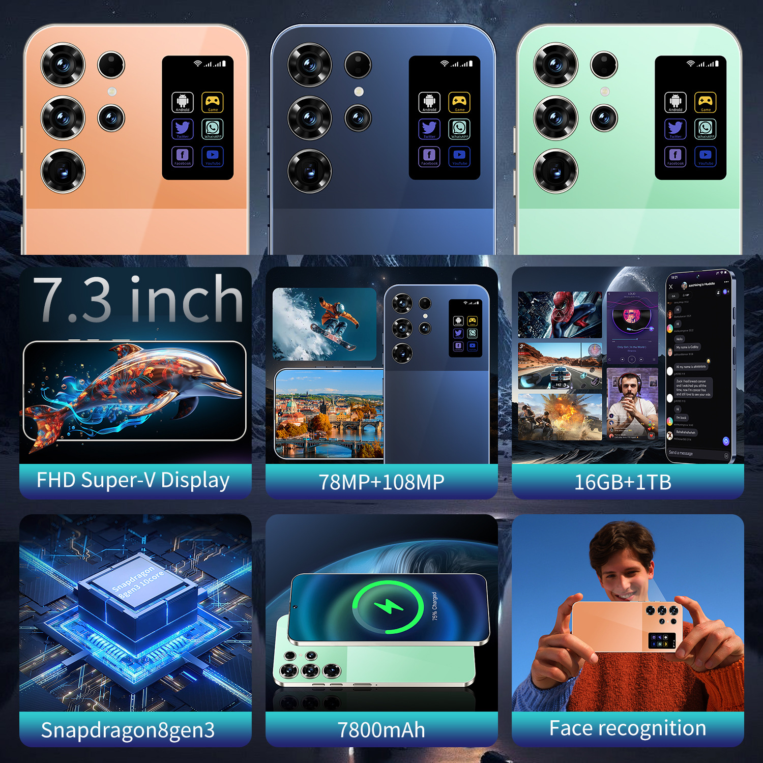 Cellphones S26Ultra Original 5G Smartphone 7.3HD Dual SIM Card Cell Phone16GB+1TB 7800mAh Android 14 Global Version Mobile Phones NFC