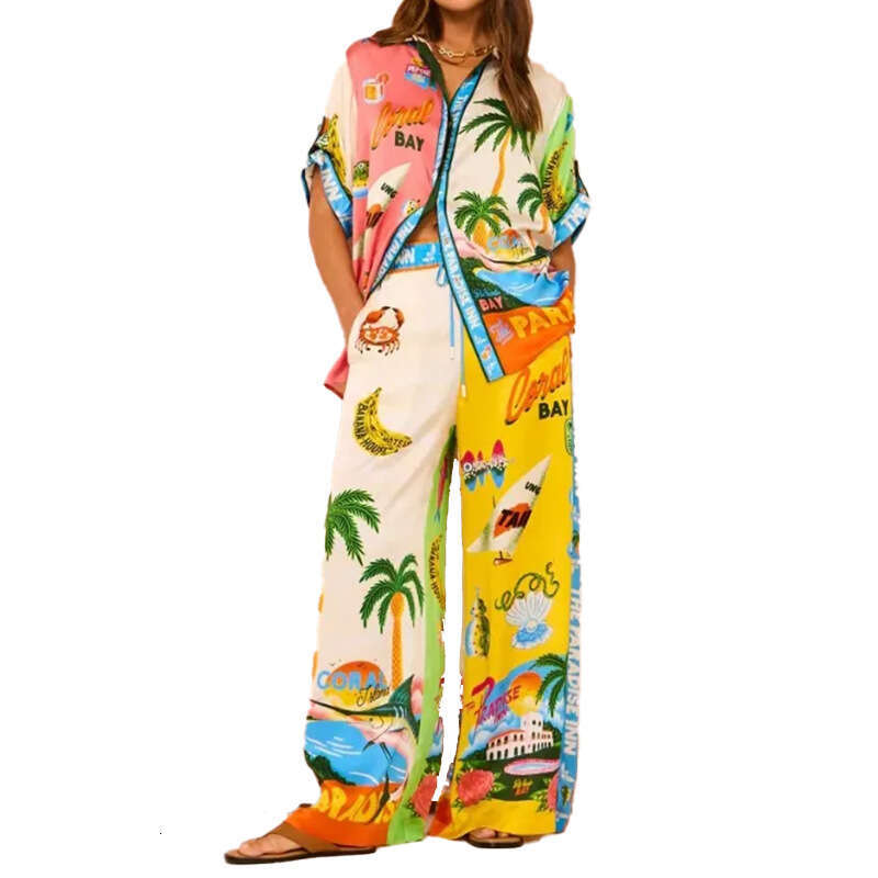 Women's Printed Color Block Elastic Waist Pocket Wide Leg Casual Fashion Two-Piece Set B5