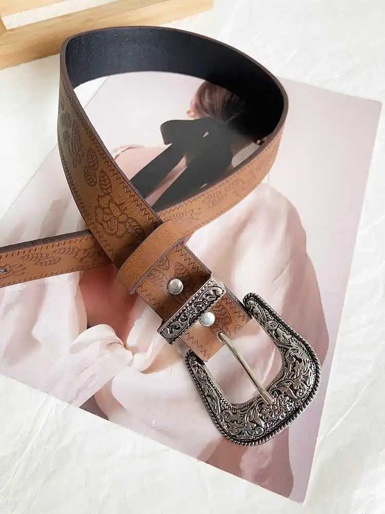 Y2K subculture retro engraved waist belt womens rose pattern brown pants belt niche design sense leather belt W250604