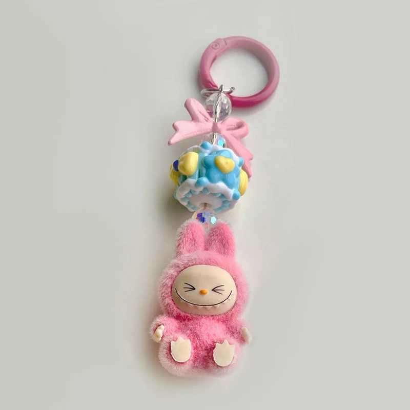 Flocking Labubu Doll Keyring Cell Phone Charm Mini Labubu Keychain The Monsters Box Backpack Pendant Decoration Child Kids Gift M250604