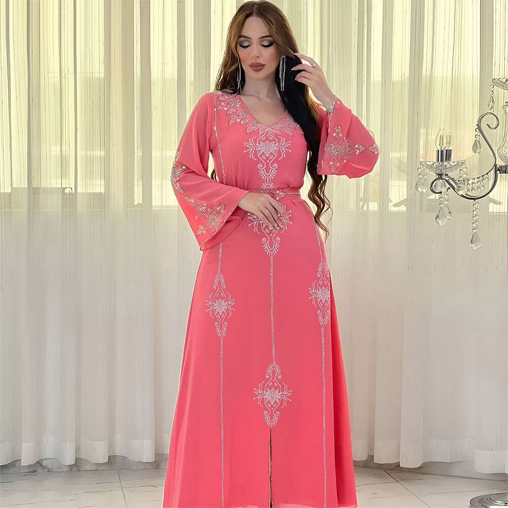 Because0176 Saudi Arabia Dubai Fashion Rhinestone Dress Summer Chiffon Robe Women's Clothing B5