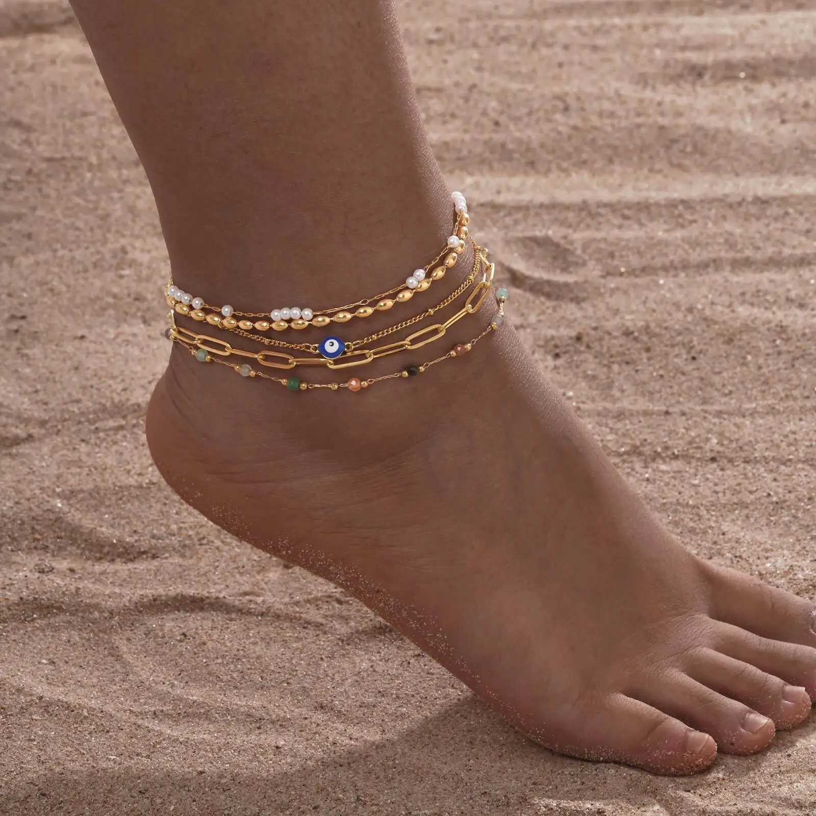 Waterproof Pearls Beaded Paperclip Evil Eye Anklet Bracelet Gold Plated Stainless Steel Link Chain Anklets Summer Beach Jewelry W250604