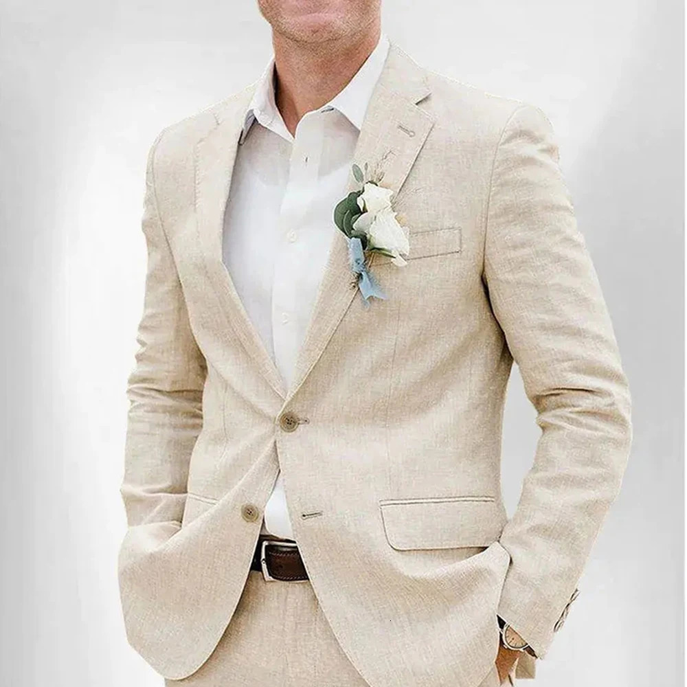 Wedding Suit for Men 2 Piece Jacket Pants Elegant Beige Linen Groom Set Slim Fit Smart Formal Business Mens Clothing 250604Z