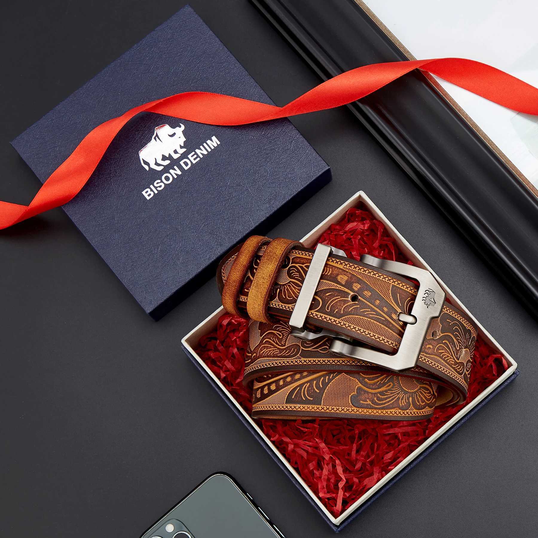 BISON DENIM Vintage Genuine Leather Men Belt High Quality Waist Strap Luxury Pin Buckle Male Best Gift Casual Belts for Jeans W250604