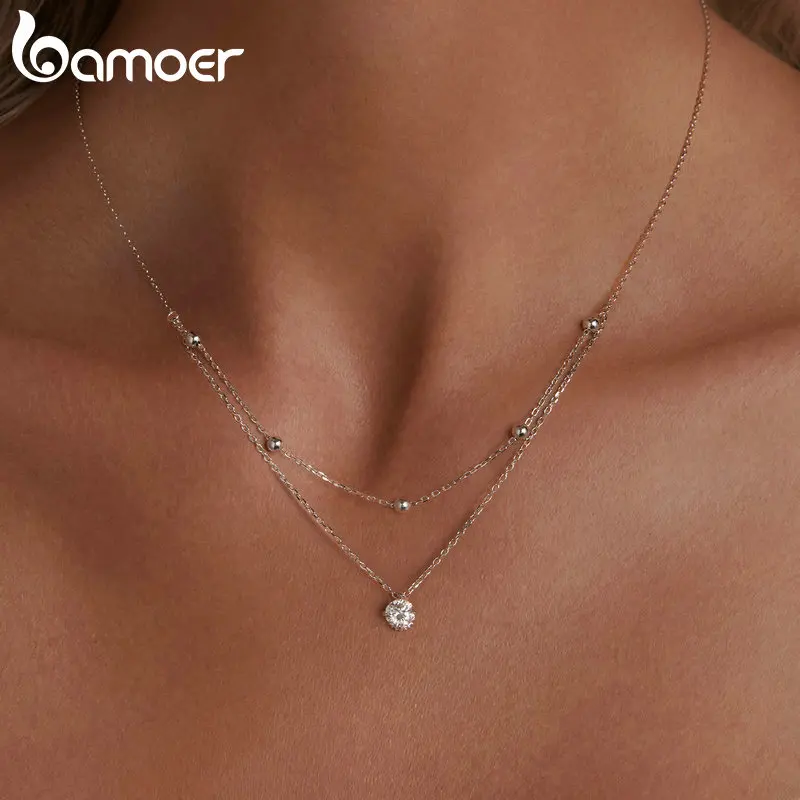 BAMOER Moissanite Layered Pendant Necklace, 925 Sterling Silver Round Multilayer Stylish Dainty Choker Necklace 17.7 inches MSN023