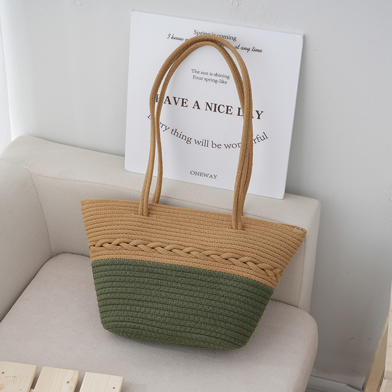 Two tone cotton rope woven handmade niche design beach bag summer women's multifunctional shoulder bag designer women's crossbody bag