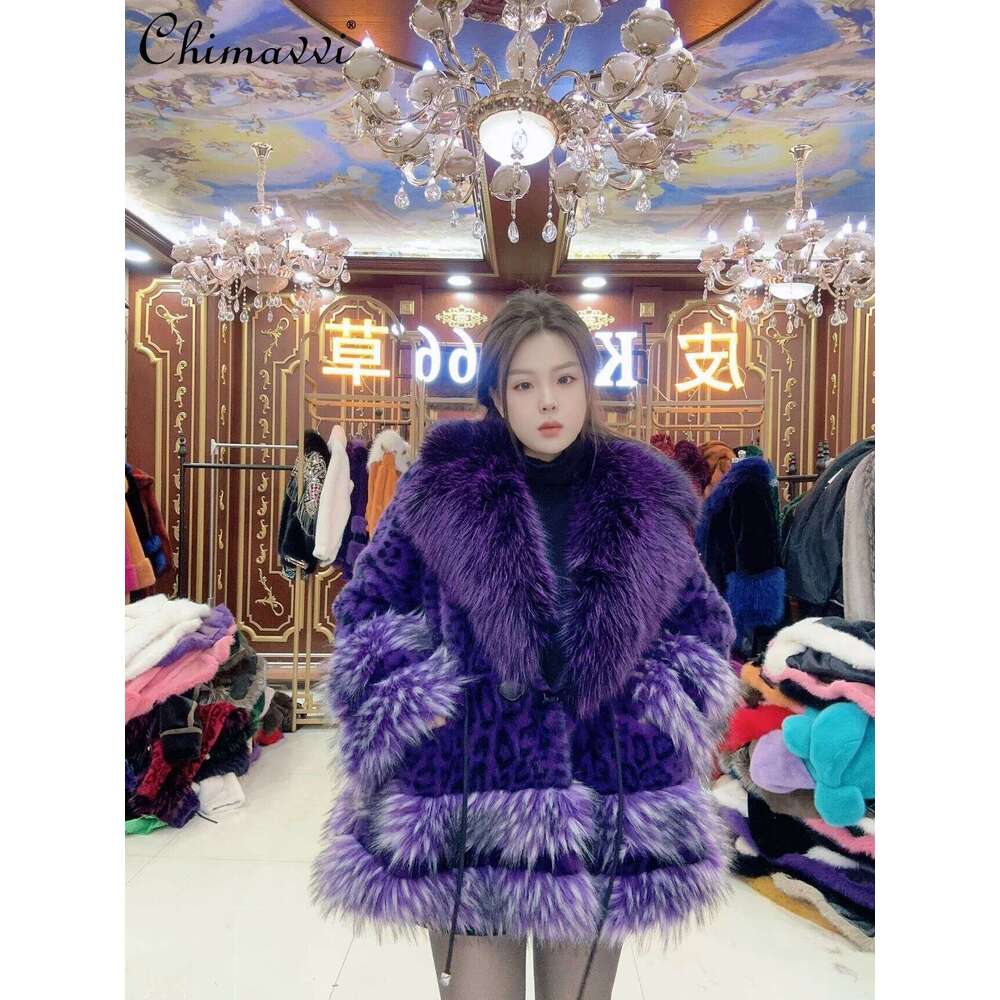 Autumn Winter New European Purple Leopard Print Front Short Rear Coat Loose Long Sleeve Warm Elegant Women Faux Fur