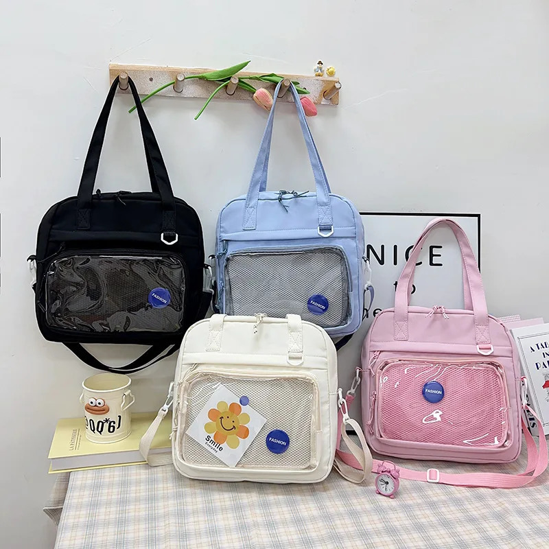 Japanese High School Girls Crossbody Bags Nylon Teenage Student Tote Book Bag Transparent Women Handbags JK Kawaii Shoulder Bag 250603