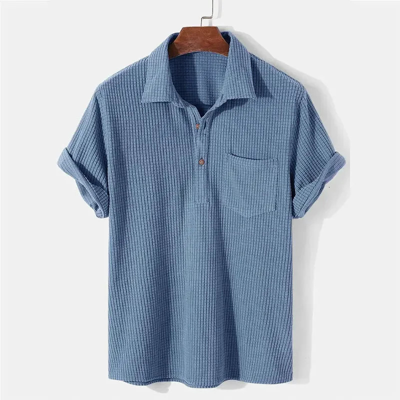 2025 Summer Mens Casual Plaid Polo Shirts Top TurnDown Collar Button Blouse Short Sleeve Solid Pocket Shirt Men Clothing 250604Z