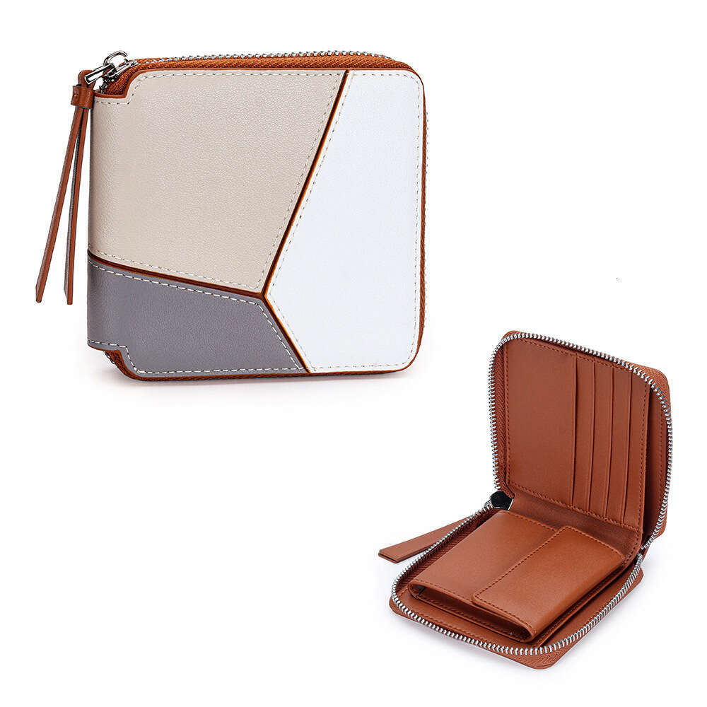 Genuine Leather Patchwork Color-Block Short New Large Capacity Multi-Card Slot Zipper Wallet Cowhide Coin Purse for Women