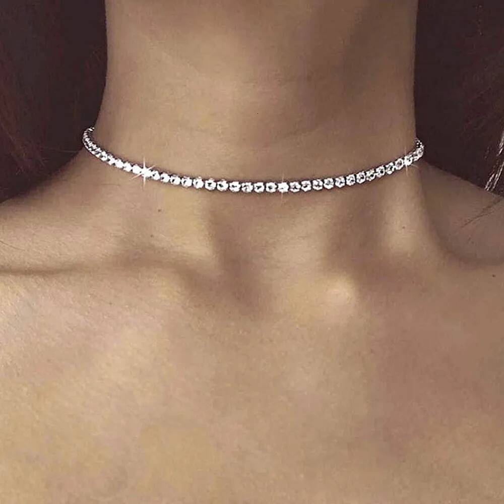 MinaMaMa Minimalist Stainless Steel Crystal Choker For Women Exquisite Rhinestone Chain Tennis Necklaces Jewelry Gifts