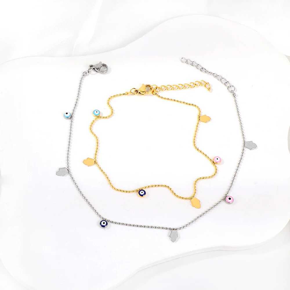 LUXUSTEEL Boho Enamel Colorful Evil Eye Hand Anklets For Women Stainless Steel Beads Link Leg Chain Summer Jewelry Waterproof W250604