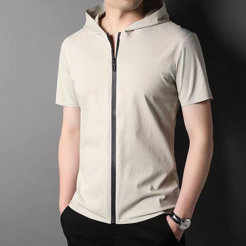 Mens cardigan zippered standing neck short sleeved summer cool lightweight comfortable breathable short sleeved casual trend half sleeved shirt 250226