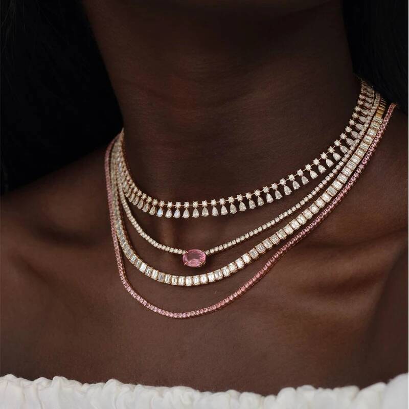 Pink Freen Heart Pendent Gold Plated CZ Tennis 3A Zircon Paved Crystal Chain Choker Necklace For Women Jewelry Gift