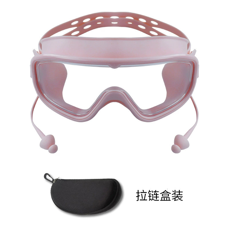 Adult Large Frame Waterproof Anti-Fog HD Swimming Glasses with Integrated Earplugs Silicone Swim Goggles