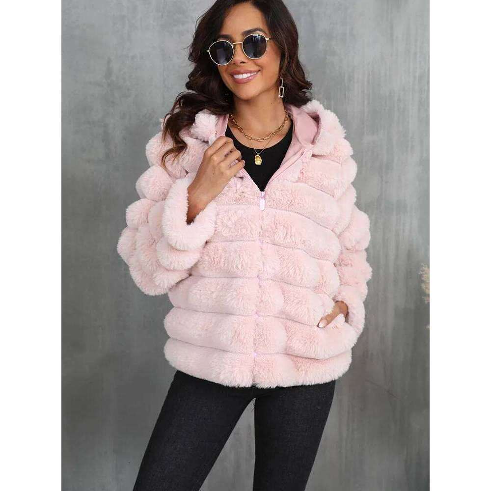 ZADORIN Autumn Winter Casual Hood Fluffy Pink White Coat Women Ripple Zipper Ladies Jackets Fur Faux Coats for Woman