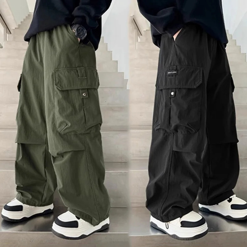 Boys Cargo Pants Children Spring Casual Trousers Children Autumn Straight Loose Pants Teenager Solid Color Wide-leg Clothing 250528