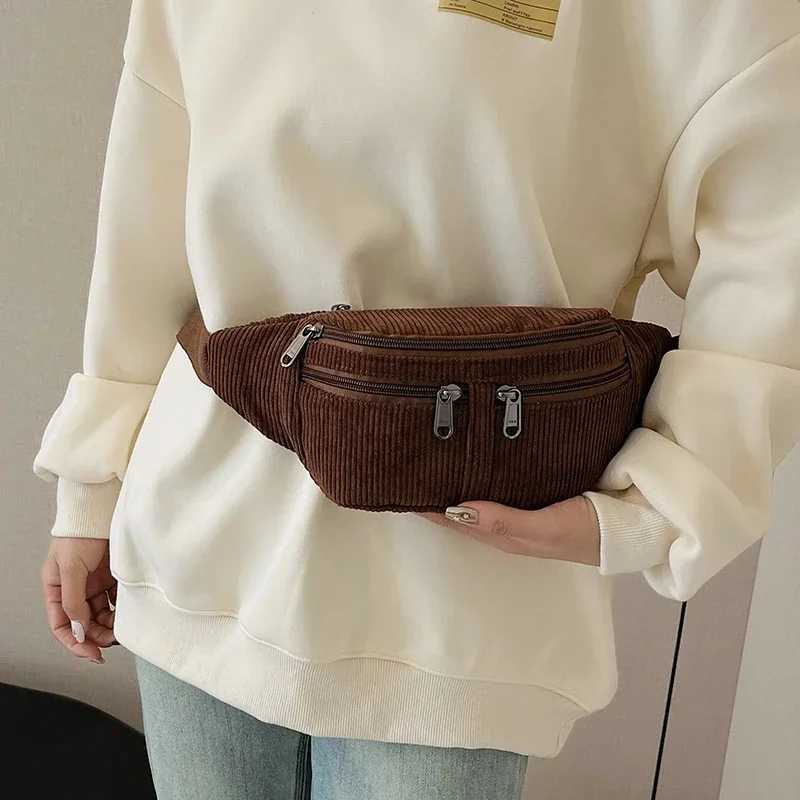 Black Waist Bag Big Corduroy Fanny Pack Womens Purse Casual Large Phone Belt Bag Multi Zipper Pocket Travel Crossbody Bag W250604