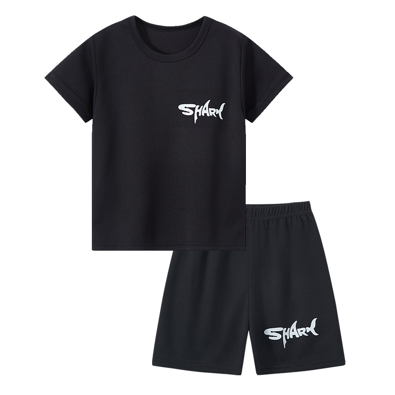 Kids Outdoor Activity Gear: Lightweight Short Sleeve Top with Matching Pants Featuring Sharks and Letters for Boys Aged 4-12 Years Old