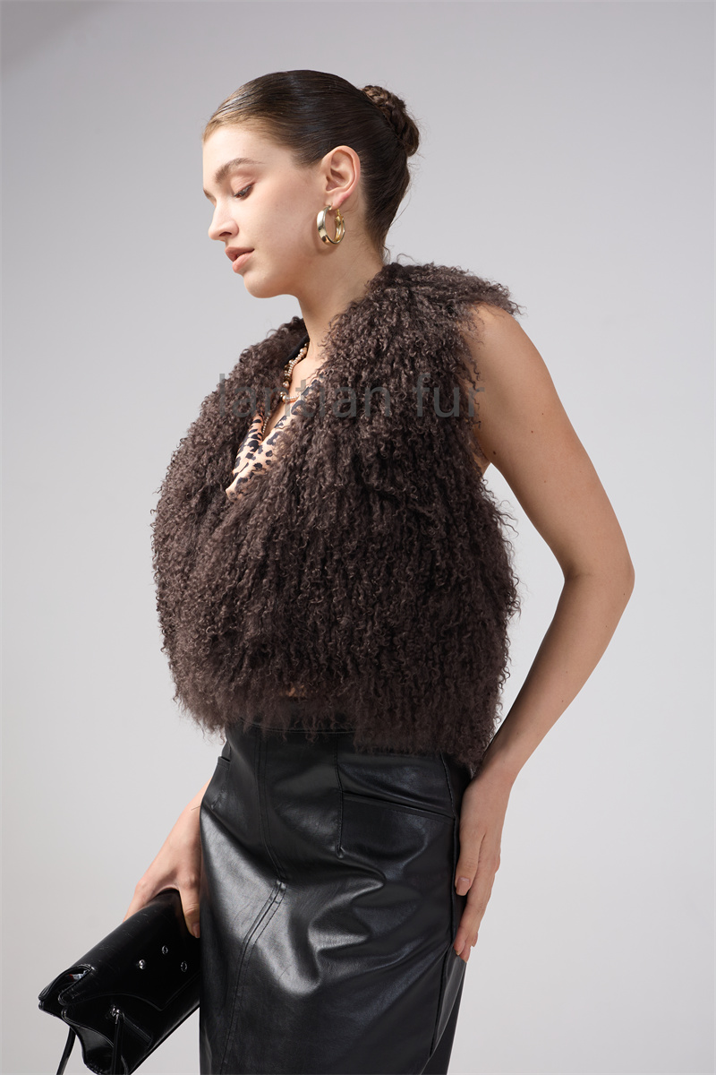 Real Mongolian Fur Waistcoat Women Furry Backless Bandage Halter Crop Vests Coat Fashion Warm Outerwear Y2K Streetwear