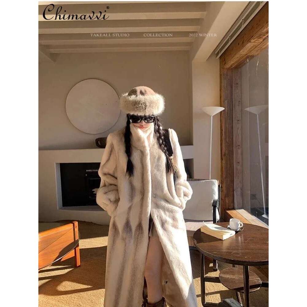 Fashion Fur Integrated Loose Cross Mink Coat Winter New High-end Lady Long-sleeved Warm Mid-length Fluffy Jacket