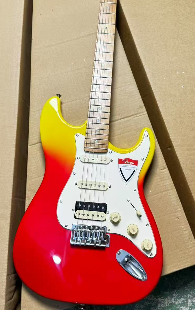 Yellow and red double-color electric guitar, single double pickups, supports customization