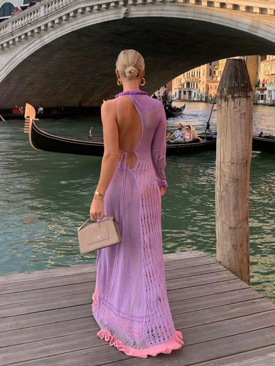 Women Sexy Y2k One Shoulder Long Sleeve Crochet Knit Long Dress Summer Beach See Through Party Grunge Club Cover Up Outfits 250604