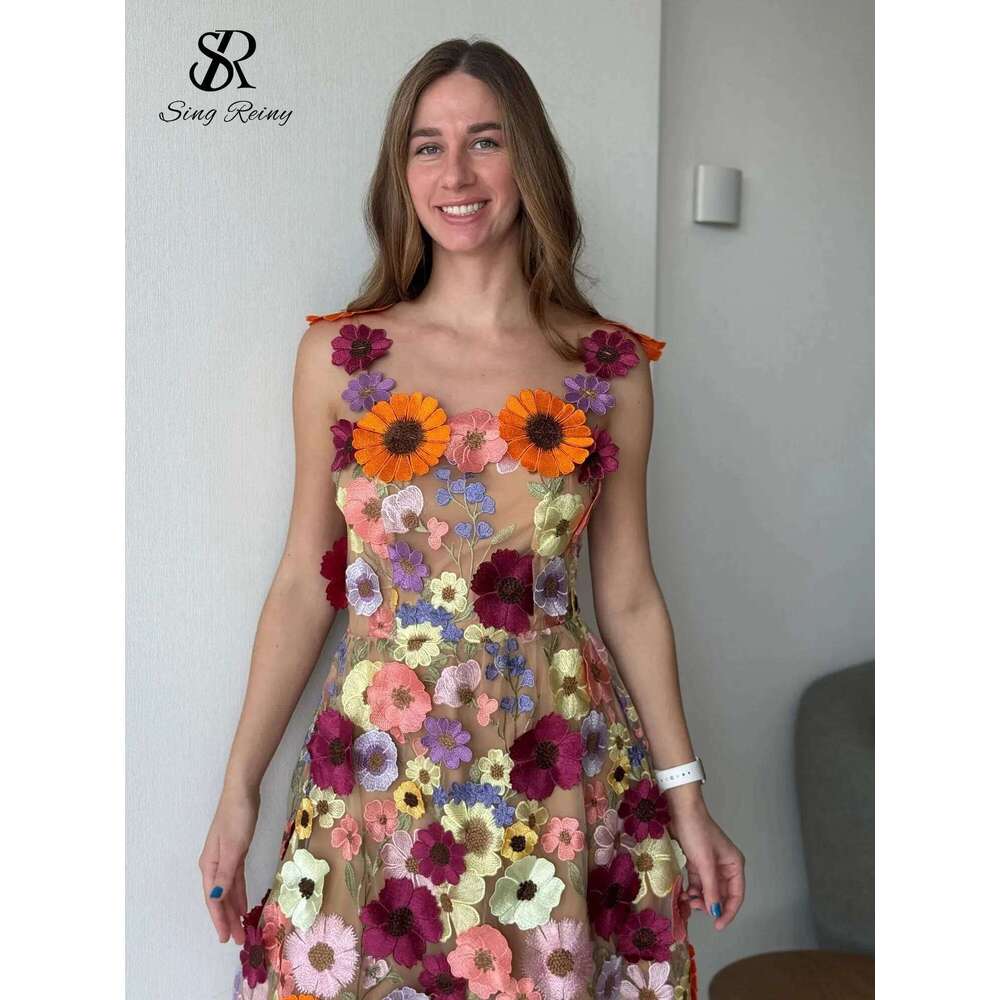 Chic Embroidery Strap Women Sleeveless Zipper 3D Floral Design Summer High Street A Line Short Evening Dress