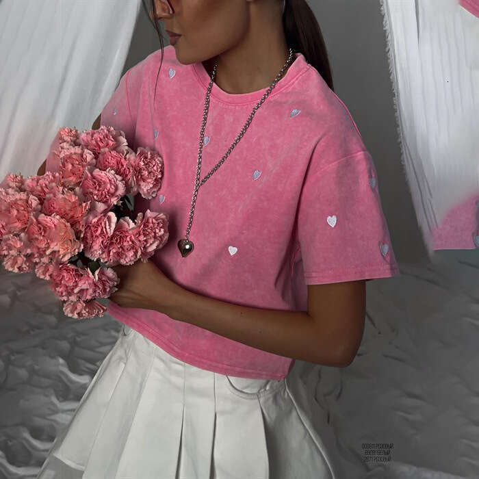 Hot Selling Round Neck Pullover Short Sleeve Loose Women's T-Shirt Casual Heart Embroidery Drop Shoulder Slimming Top For Women B5