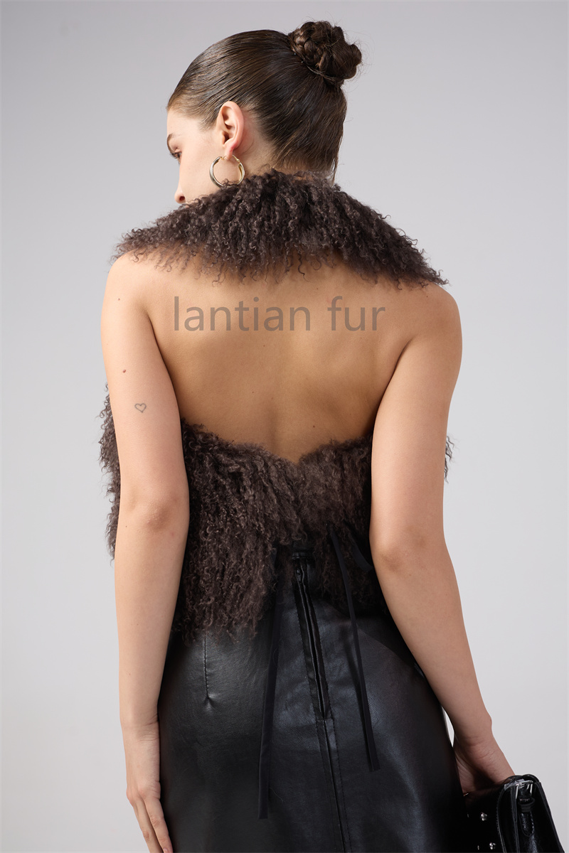 New Fluffy Real Mongolian Fur Halter Cropped Top For Women Sexy Backless Sleeveless Tank Vest Female Chic Street Club Party Chic Tops