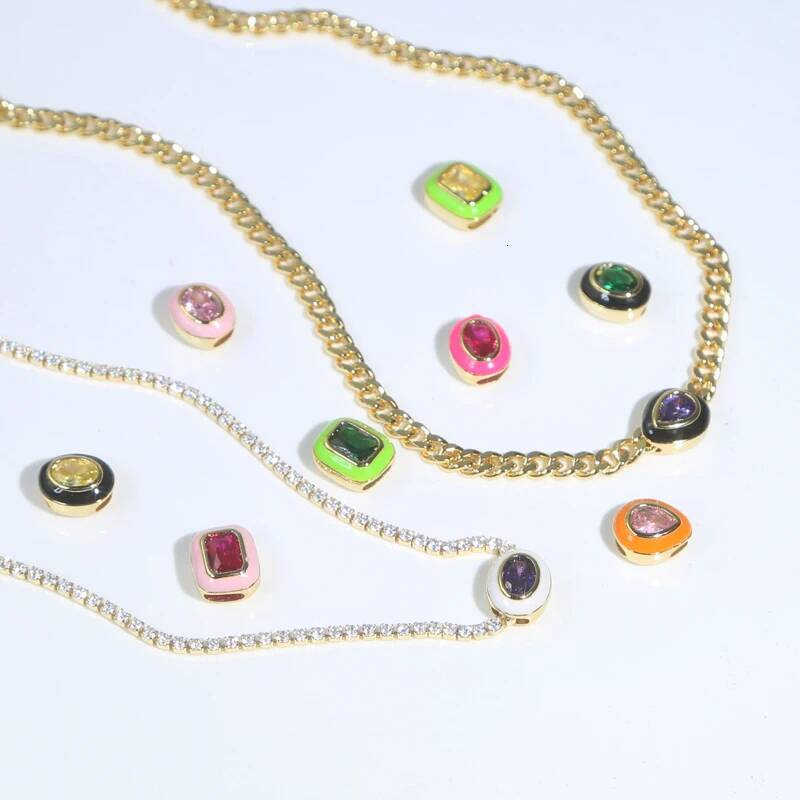 Neon Enamel Pink Heart Rectangle Charm Necklace Bling Colorful Geometric CZ Beaded Tennis Cuban Chain Fashion Women Jewelry