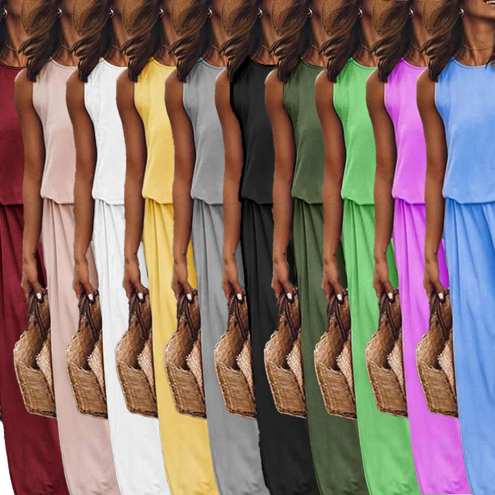 Summer New Women's Round Neck Sleeveless With Slit, Multi-Color Solid Color Long Dress B5