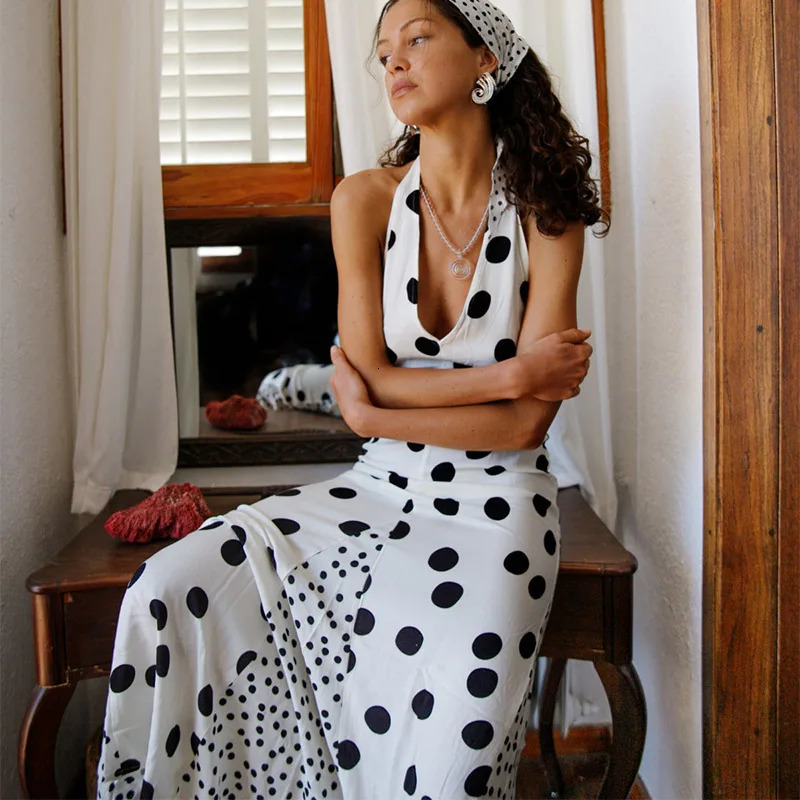 Fashion Elegant Polka Dot Off Shoulder Halter Neck Dress V Neck Backless Spliced Maxi Dress Summer Beach Party Evening Gown 250604