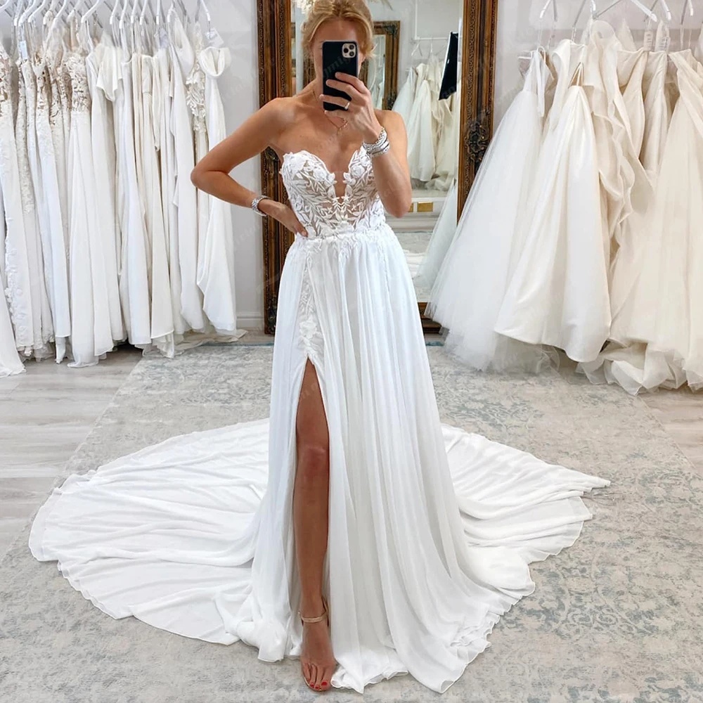 Lace Chiffon A Line Boho Wedding Dress Sweetheart Backless Appliques Court Train Beach Bridal Gown Side Split Long Bride Dress