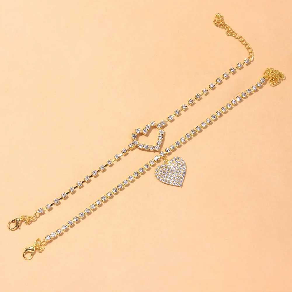 Stonefans 2Pcs/Set Bohemian Women Rhinestone Heart Anklets Foot Bracelet Summer Beach Chain Love Pendant Ankle Bracelet Jewelry W250604