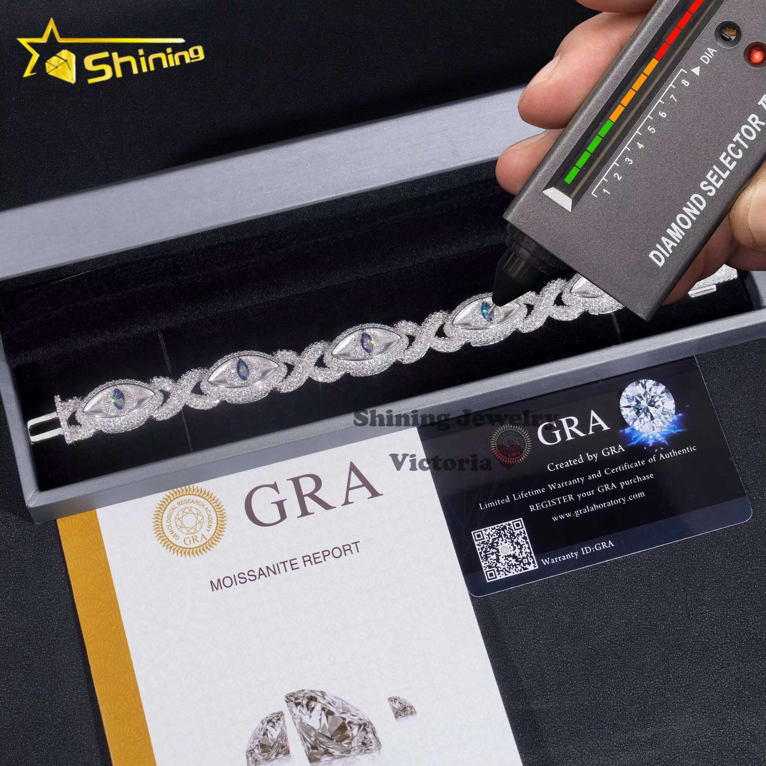 New Trendy 13mm Hip Hop Men Jewelry 925 Sterling Silver Fully Iced Out Vvs Moissanite Diamond Evil Eyes Cuban Bracelet