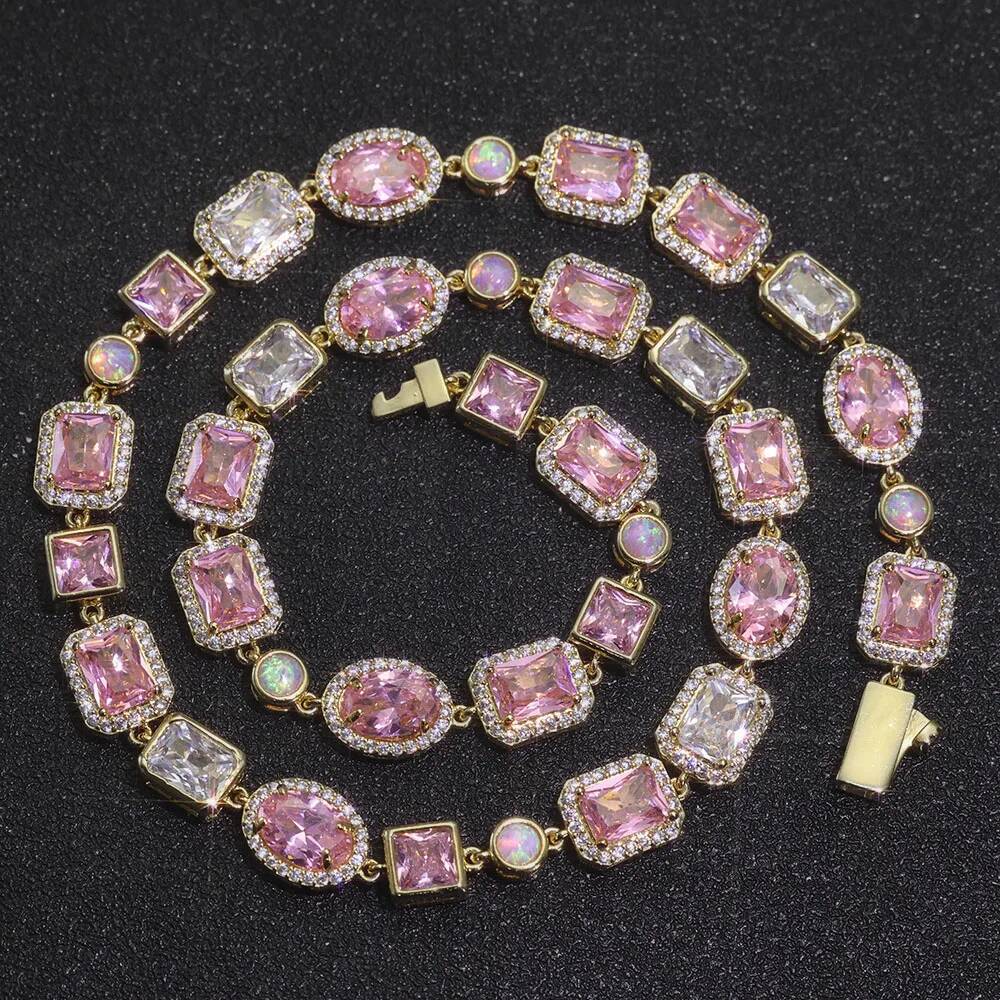 ESKEEM 10mm Opal Custom Bling Pink Cz Stone Sier Gold Plated Necklace Geometric Gemstone Motif Iced Out Link Chain