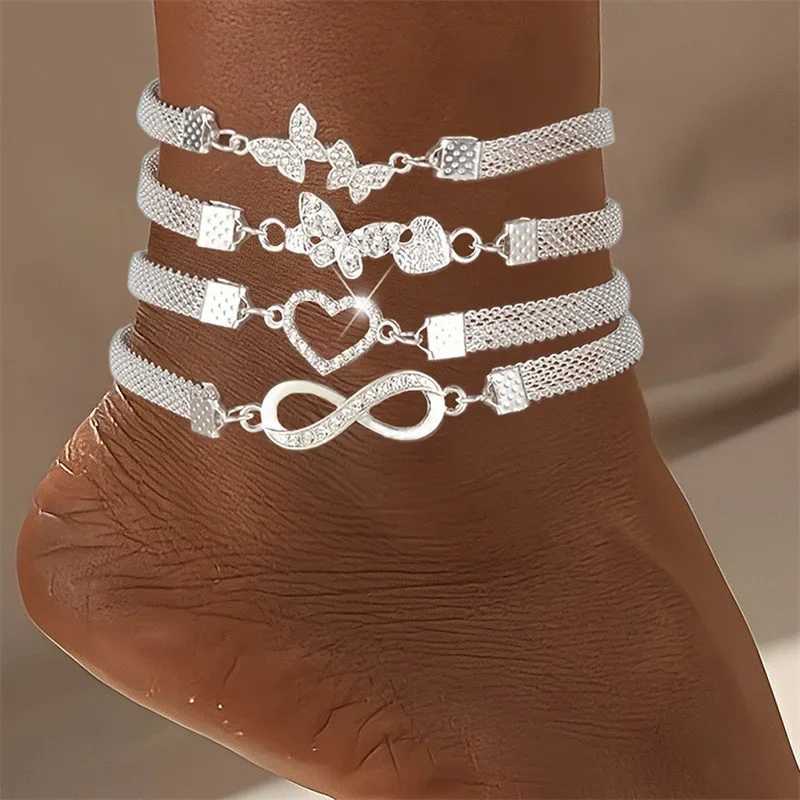4PCS Shiny Heart Butterfly Infinity Crystal Rhinestone Anklet Set for Women Vintage Silver Color Ankle Bracelet Foot Jewelry W250604