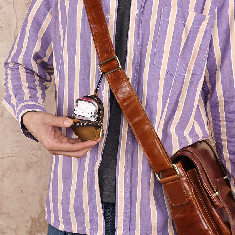 Genuine Leather Mini Coin Purse First Layer Cowhide Zipper Shell Data Cable Bluetooth Earphone Storage Bag for Men