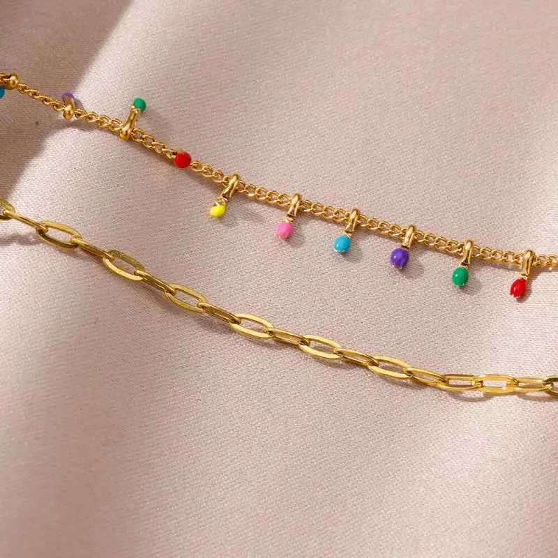Anklets for Women Summer Beach Accessories Boho Colorful Stainless Steel Two Layer Chain Anklet Leg Bracelets Fashion Jewelry W250604